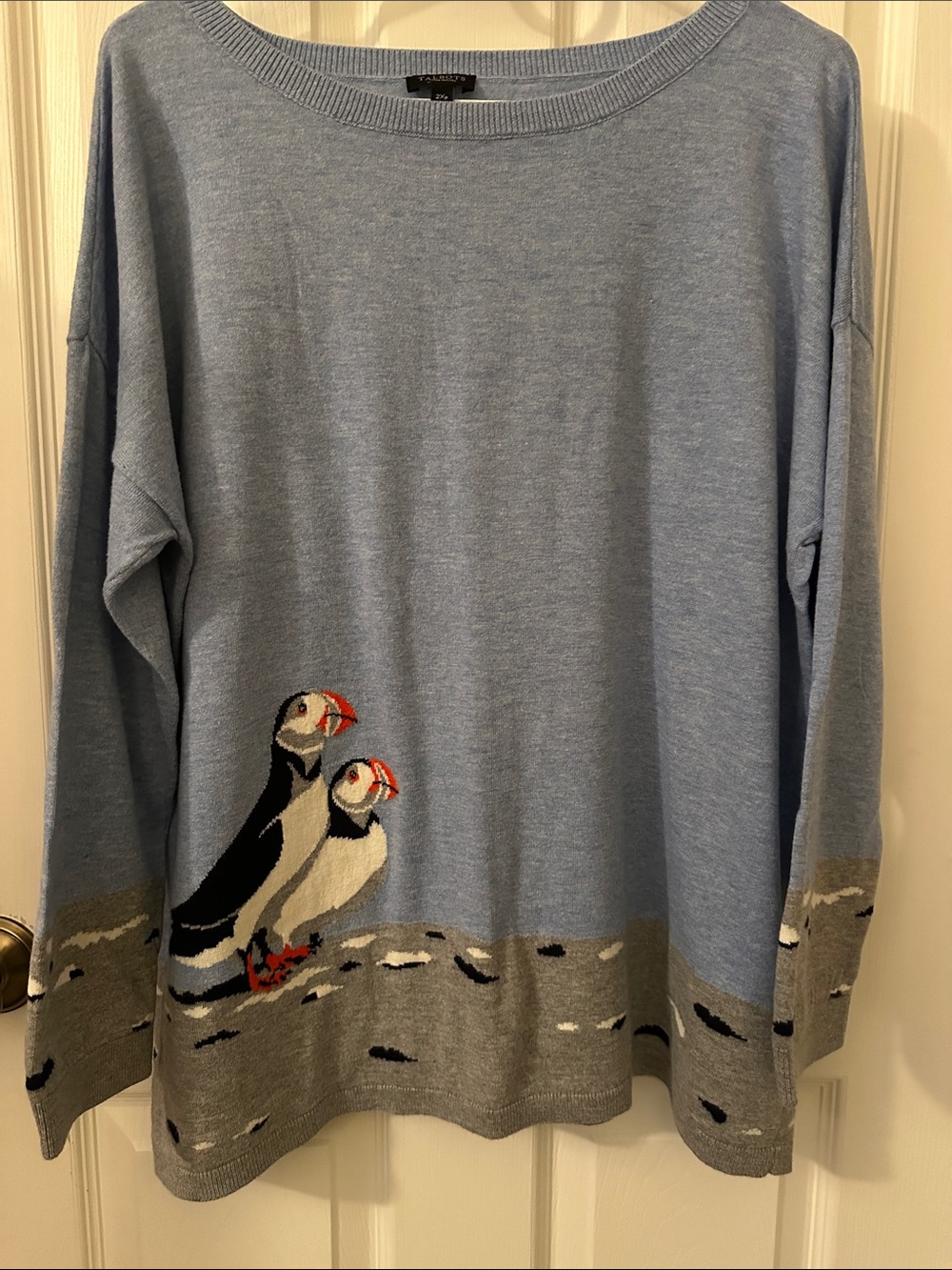 Talbots Light Blue Puffin Intarsia Crewneck Sweater